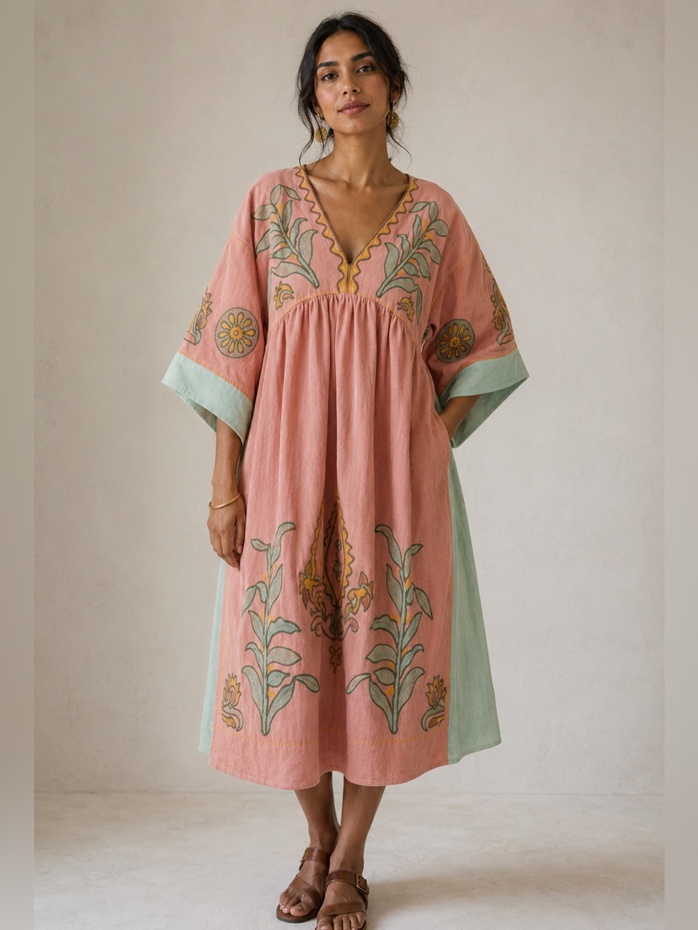 Embroidered Pink & Mint V-Neck Midi Dress